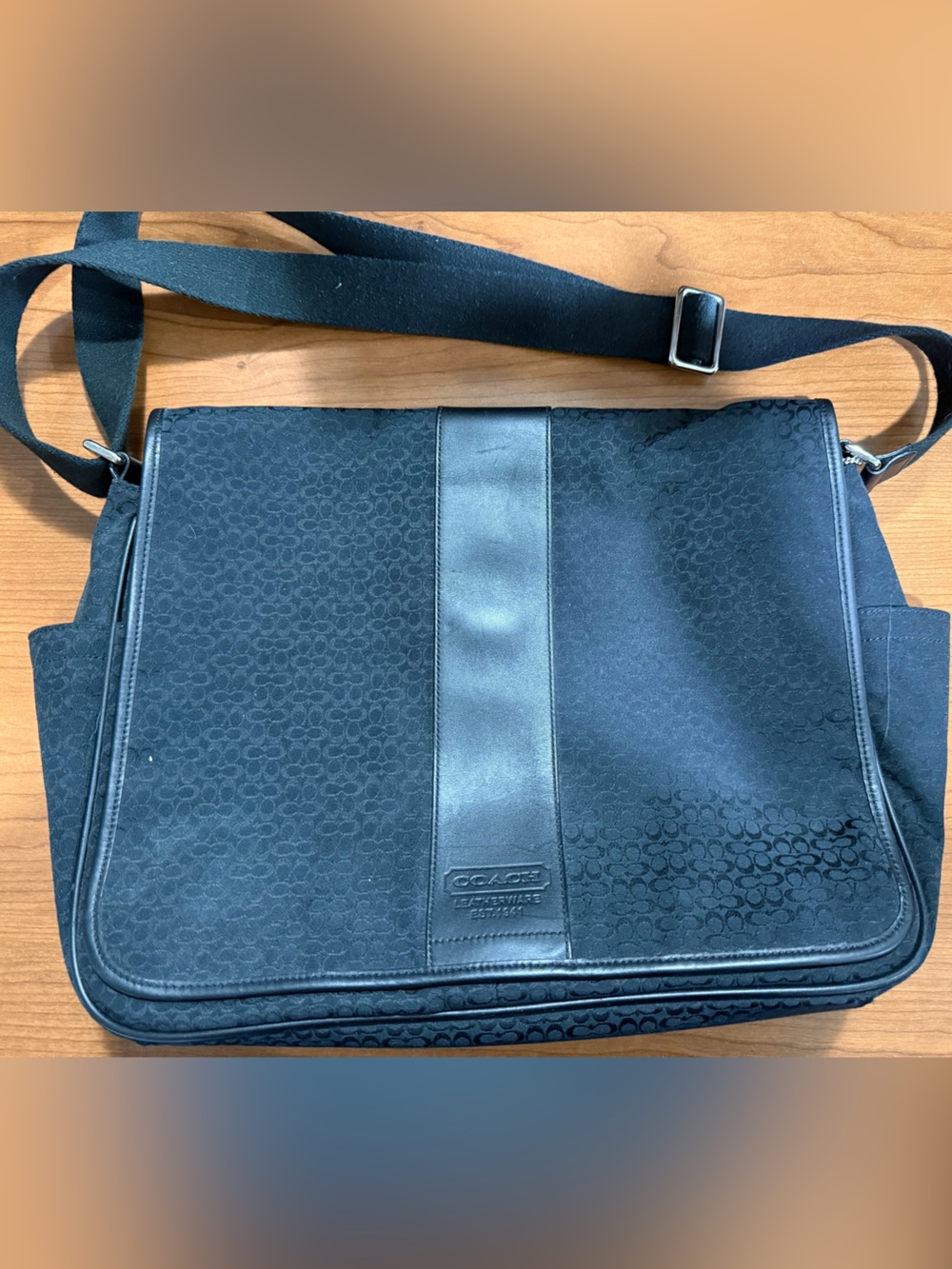 Coach Black Signature Canvas Messenger Bag with Leather Trim